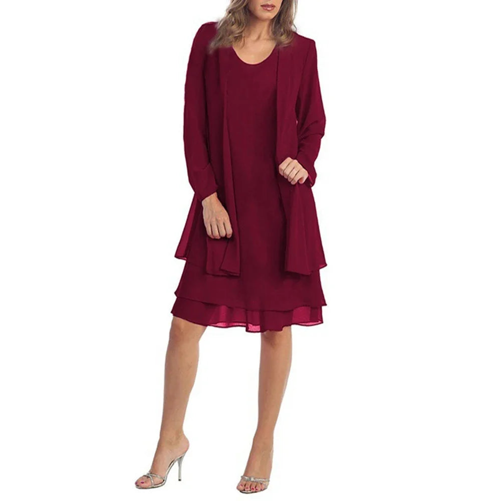 2 Pieces Chiffon Dress Set Women Casual Long Sleeve Solid Cardigan Dress Elegant Wedding Evening Party Dresses Clothing Vestidos