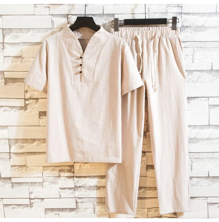(قميص + بنطلون) صيف 2025 قميص رجالي قمصان رجالية من القطن والكتان قمصان رجالية كاجوال بأكمام قصيرة مجموعة ملابس رجالية M-5XL