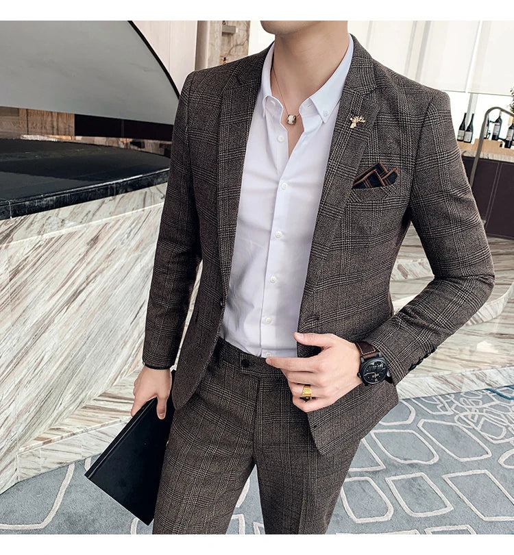 S-7XL Jacket + Pants / Luxurious High -end Brand Solid Color Men's Casual Business Slim Suit Two -piece Suit Groom Wedding Suit