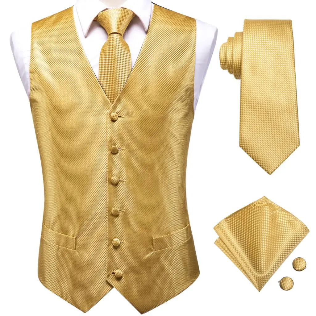 Fashion Silk Vest For Men Classic Gold Champane Yellow Waistcoat Jacket Tie Hankerchief Cufflinks Sets Dress Suit Wedding Hi-Tie