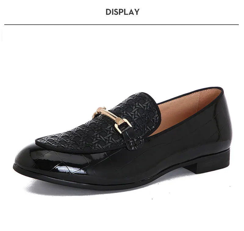 Men Black Leather Shoes Fashion Braid Patterns Casual Shoes Men's Loafers with Gold Chain Buckle Male Wedding Dress Shoes