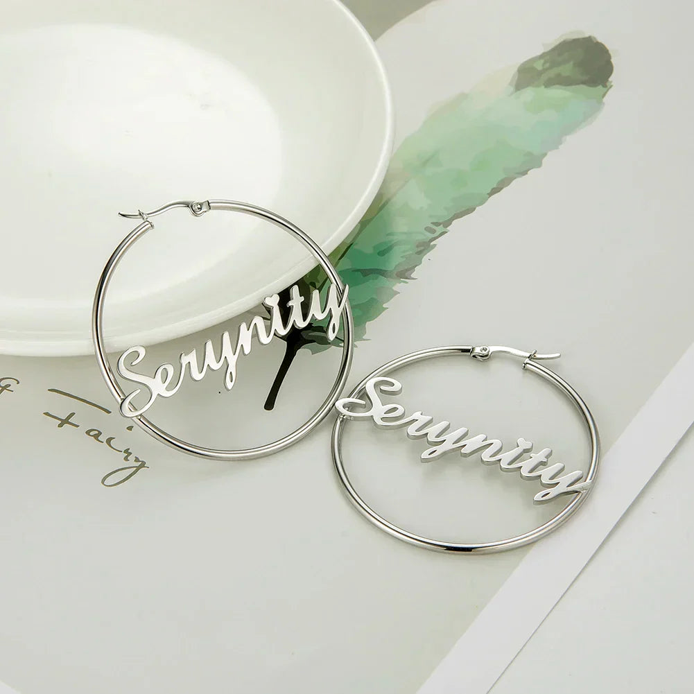 Stainless Steel Personalized Customize Name Hoop Earrings Jewelry For Women Girls Circle Earring Fashion 30-60 MM