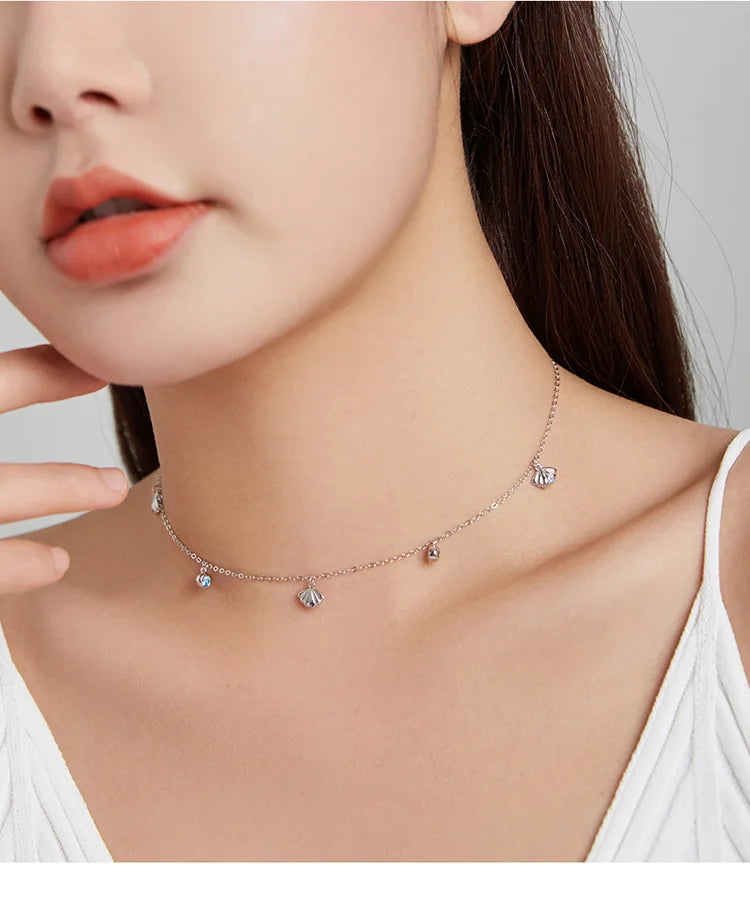 Authentic Silver Seashell Necklace 925 Sterling Silver Blue CZ Love Necklace Gift for Girl Statement Fine jewelry SCN454