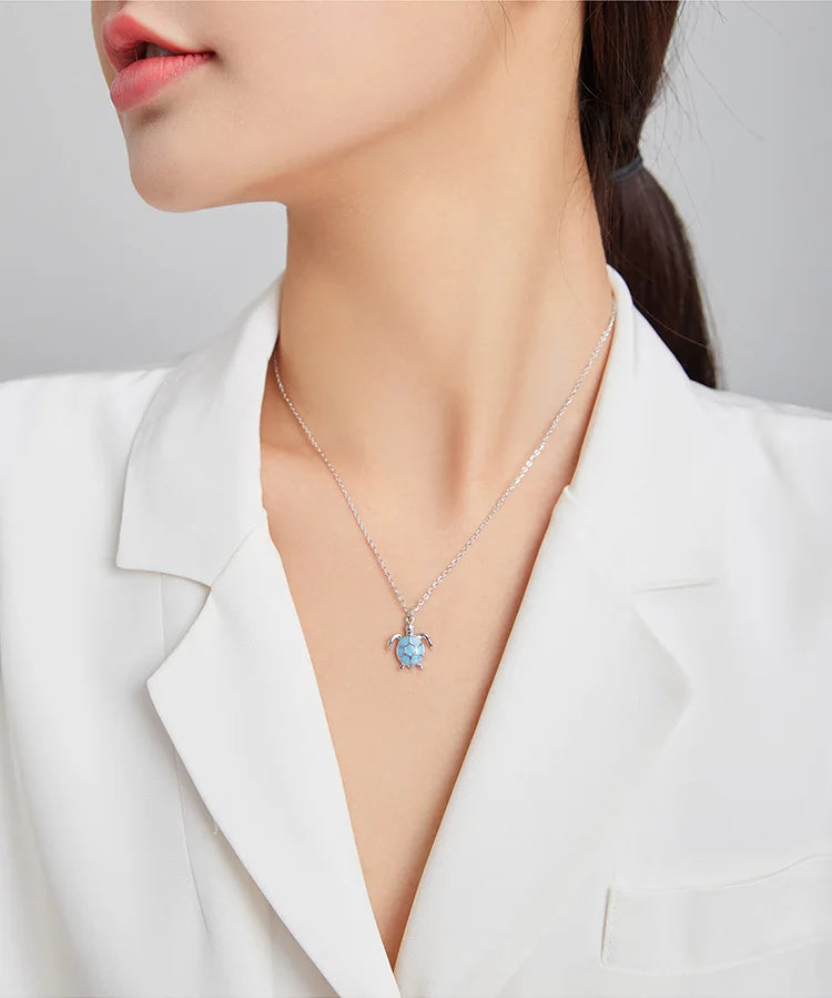 925 Sterling Silver Sky Blue Enamel Turtle Pendant Necklace Cute Animal Adjustable Necklace for Women Fine Jewelry SCN446