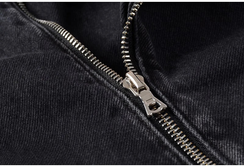 Men's Zippers Black Biker Jean Jacket Streetwear Thick Denim Slim Coat with Belt High Quality