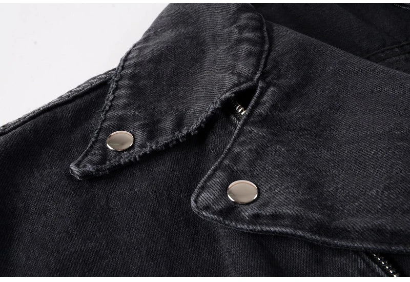 Men's Zippers Black Biker Jean Jacket Streetwear Thick Denim Slim Coat with Belt High Quality
