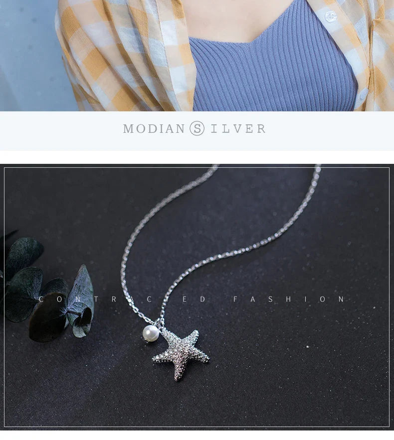 Marine Life Adjustable Necklace for Women Shiny Zircon Starfish Pearl Sterling Silver 925 Pendant Necklace Fine Jewelry