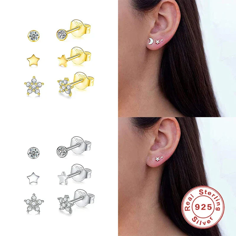 3pcs/set Bling Zircon Earring 925 Sterling Silver Cute Mini Heart Star Stud Earrings Ear Bone Earlobe Piercing Jewerly