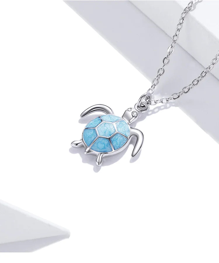 925 Sterling Silver Sky Blue Enamel Turtle Pendant Necklace Cute Animal Adjustable Necklace for Women Fine Jewelry SCN446