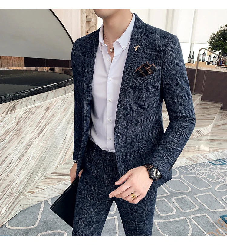 S-7XL Jacket + Pants / Luxurious High -end Brand Solid Color Men's Casual Business Slim Suit Two -piece Suit Groom Wedding Suit