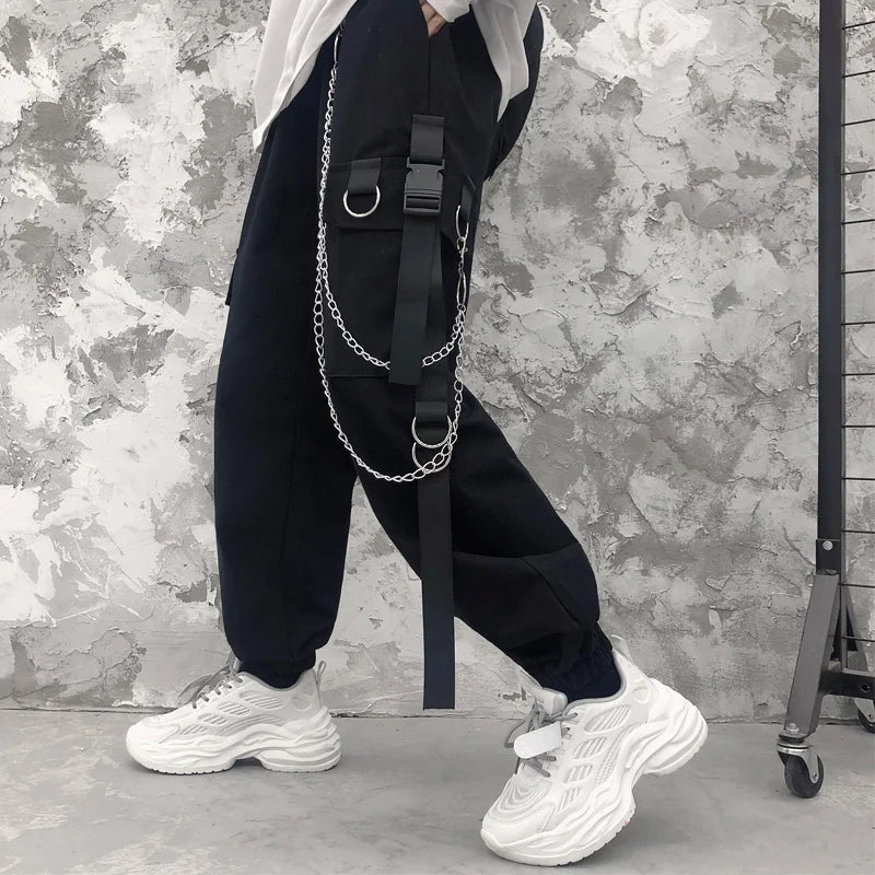 Women Cargo Harem Pants Side Pockets Black White Hip Hop Casual Pants