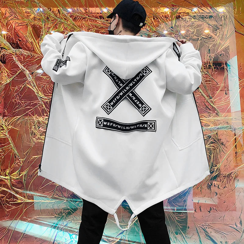 New Men Streetwear Black Jackets And Coats Hip Hop Harajuku Hooded Men's Windbreaker Overcoat Mens Clothing Outwear M-5XL