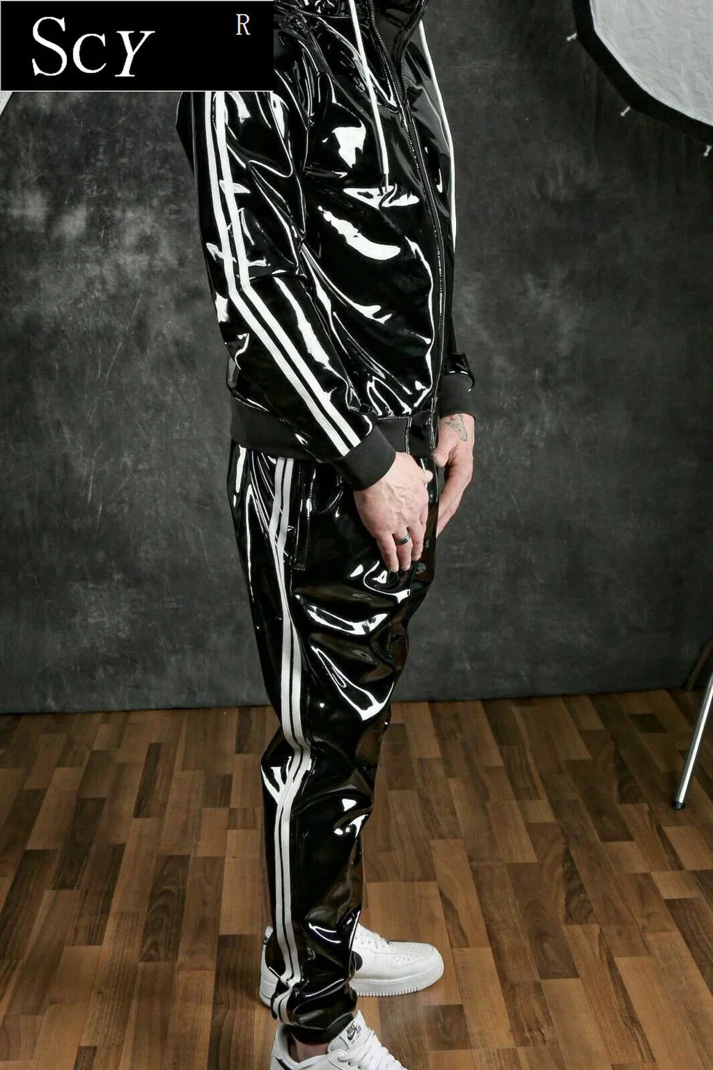 Men's and women's PU leather Hoodie suit leisure sportswear Hoodie jogging suit sportswear men's suit bright leather sportswear
