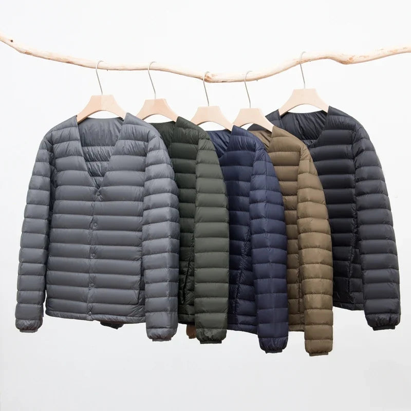 Matt Fabric Ultra Light Down Jacket Men V-neck Men's Down Jacket Slim Windproof Portable Lightweight Coat Warm Liner