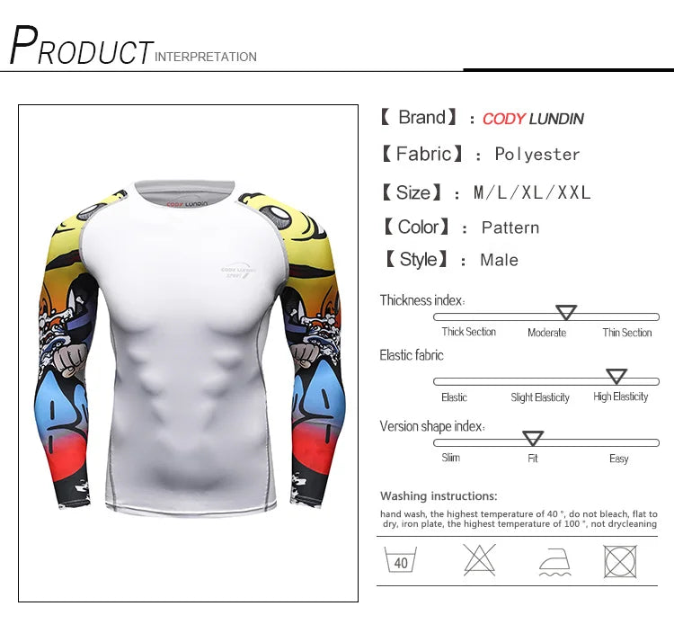 Cody Lundin Quikly Dye Mesh Men's Digital Printed Compression Rash Guard Gym Long Sleeve Jiu Jitsu Shirt Sportswear Swimming Top