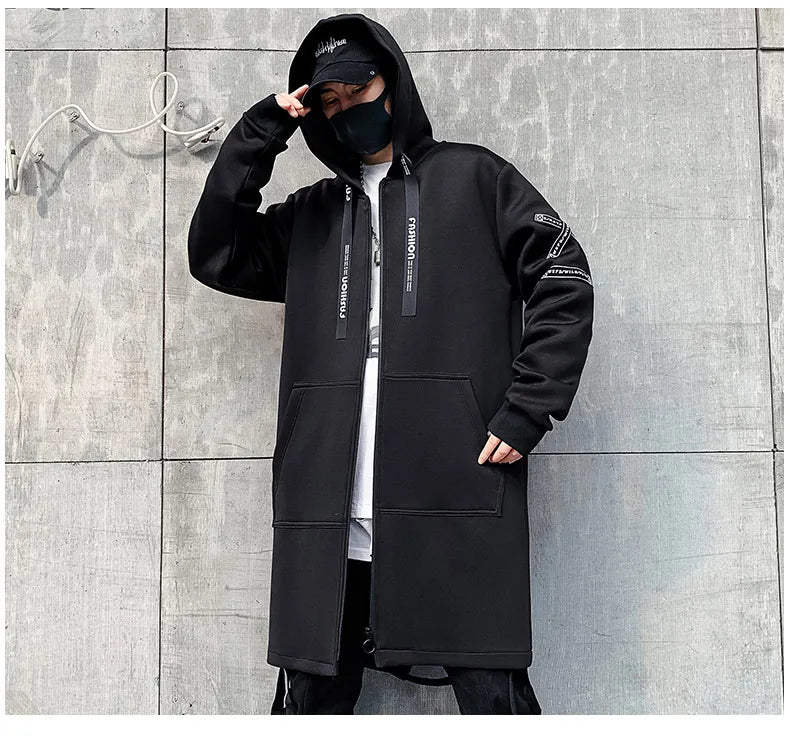 New Men Streetwear Black Jackets And Coats Hip Hop Harajuku Hooded Men's Windbreaker Overcoat Mens Clothing Outwear M-5XL