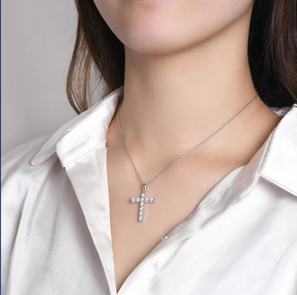 Handmade Cross Pendant Moissanite Solid Sterling 925 Silver Necklace For Women Luxury Jewelry for Engagement Christmas