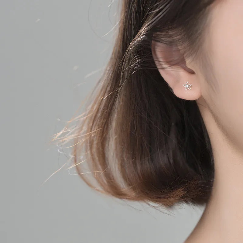 Real 100% 925 Sterling Silver Cute Sweet Hollow Mini Small Flower Geometric Stud Earrings for Women Korean Fine Jewelry