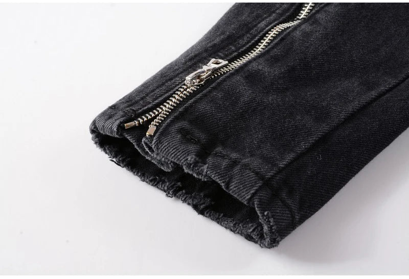 Men's Zippers Black Biker Jean Jacket Streetwear Thick Denim Slim Coat with Belt High Quality
