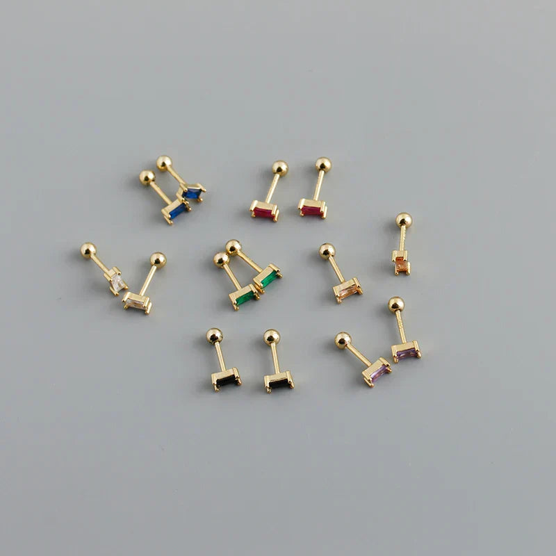 925 Sterling Silver Colorful Square Shiny Zircon Beads Piercing Stud Earrings for Women Fashion Gothic Exquisite Jewelry