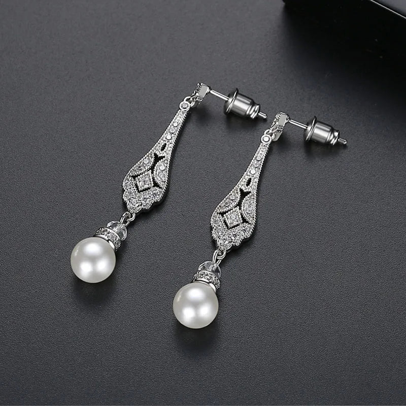 Pave Setting Fashion CZ Crystal Pearl Women Girls Earring AAA Grade Cubic Zircon Earring Bridal Wedding Dangle Earring