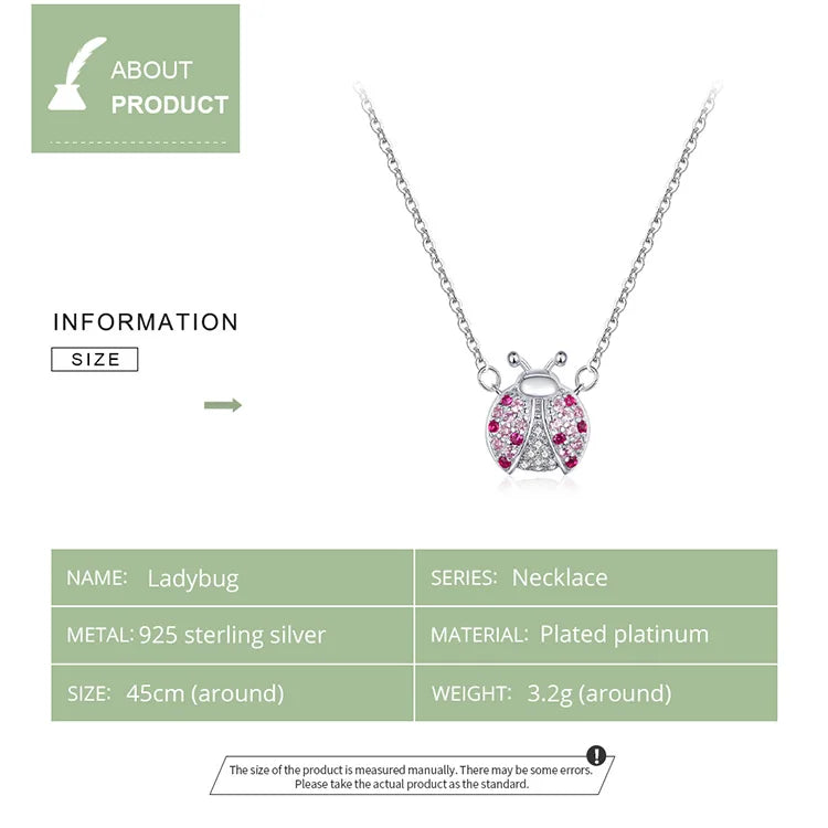Genuine 925 Sterling Silver Pink CZ Ladybug Insect Chain Pendant Necklace for Women 45cm Kid Gifts Fine Jewelry SCN400