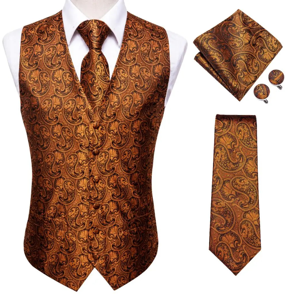 Fashion Silk Vest For Men Classic Gold Champane Yellow Waistcoat Jacket Tie Hankerchief Cufflinks Sets Dress Suit Wedding Hi-Tie