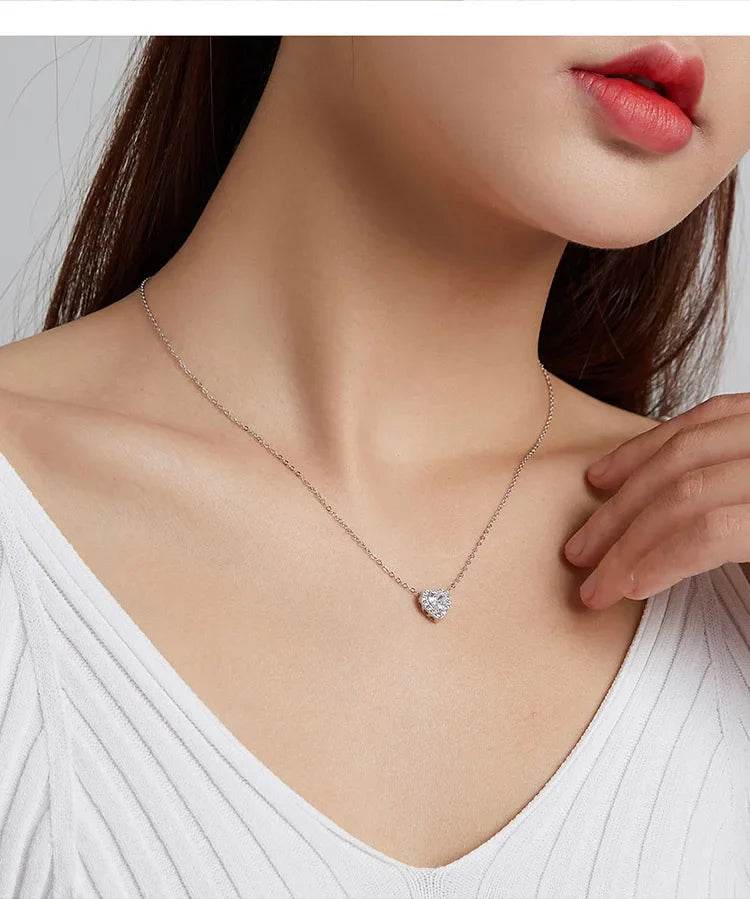 925 Sterling Silver Bright Love Necklace Chain Dazzling Shiny Heart Shape Crystal Charm Wedding Engagement Jewelry SCN455