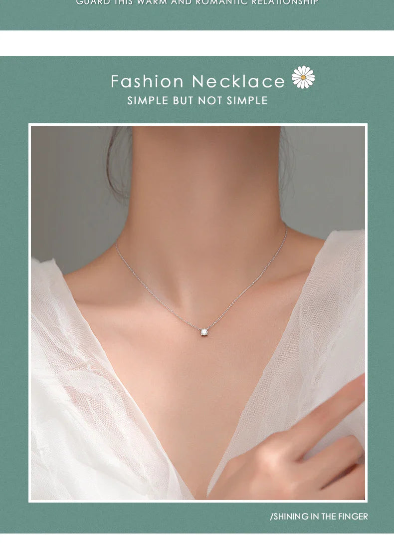 Classic 925 Sterling Silver Round Simple Clear CZ Chain Necklaces Pendant For Women Wedding Engagement Statement Jewelry