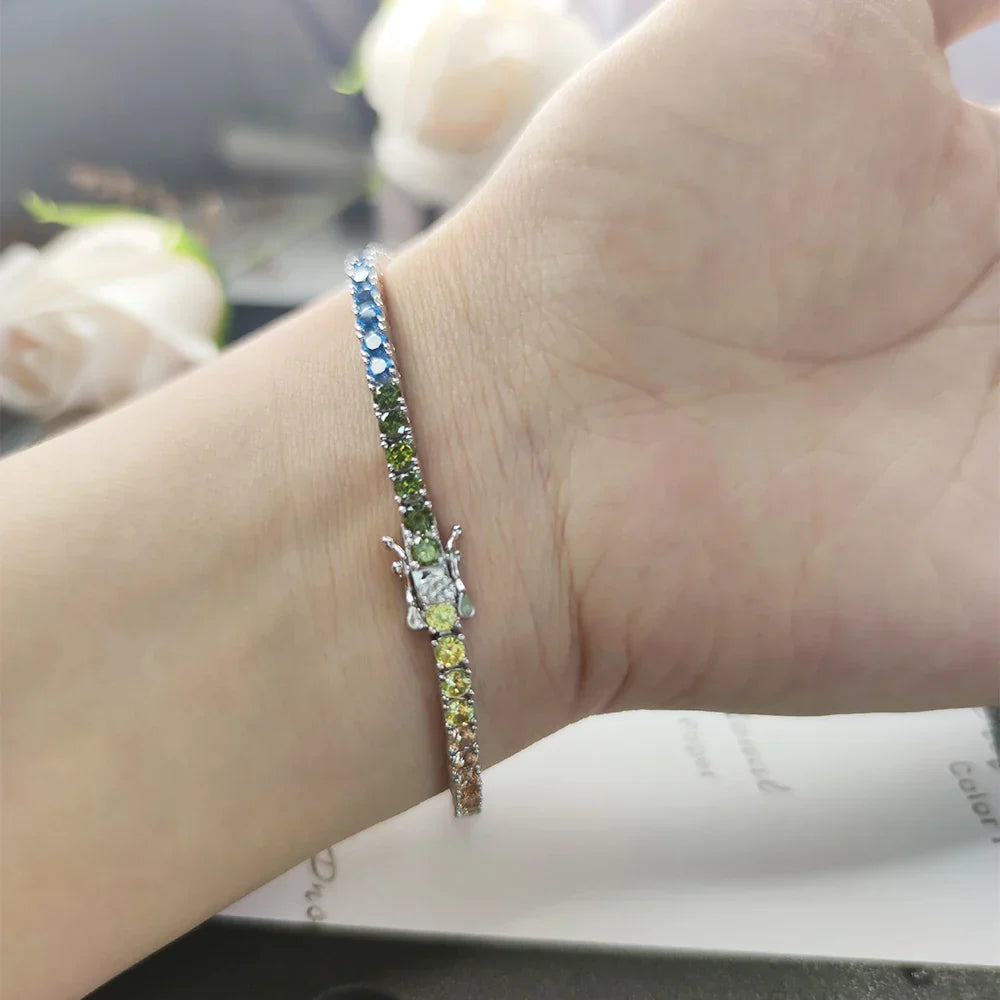 Pure Silver 14-21 cm Tennis Bracelet Pave 3 mm Bling Rainbow Zircon Beautiful Real 925 Jewelry For Women