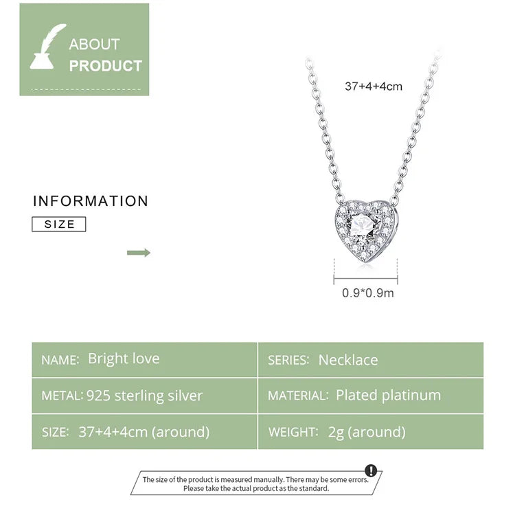 925 Sterling Silver Bright Love Necklace Chain Dazzling Shiny Heart Shape Crystal Charm Wedding Engagement Jewelry SCN455