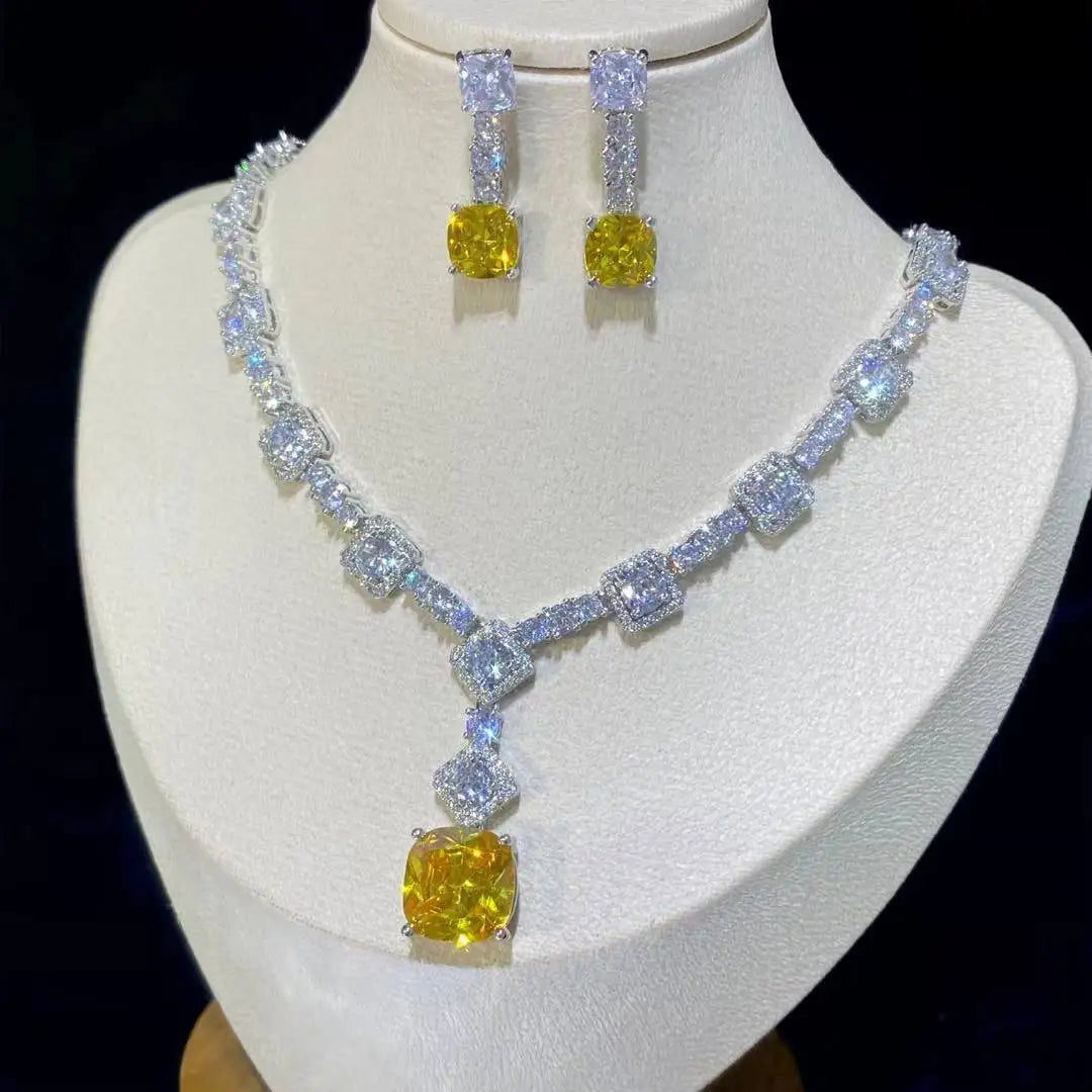 Square Bright Yellow and Green Color Drop Earrings Necklace For Women Jewelry Set  Bridal Wedding Accessories  X0185