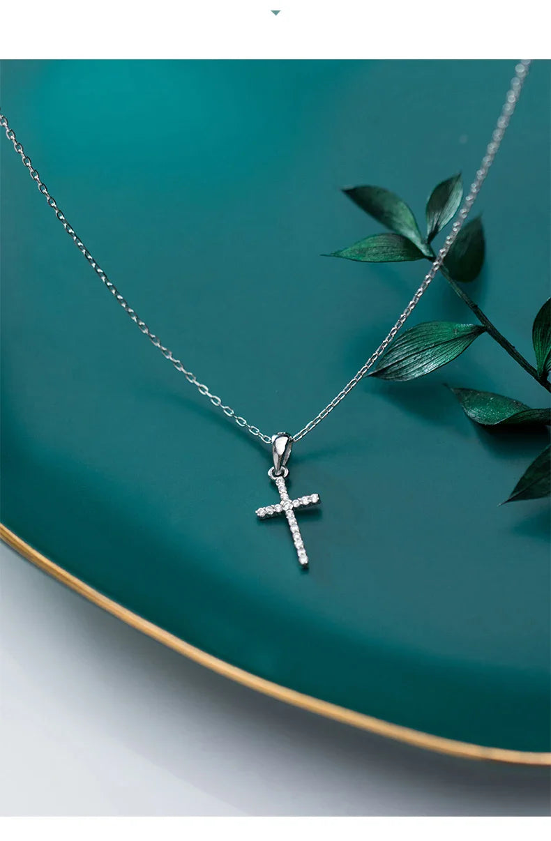 Dazzling Zircon Luxury Cross Pendant Necklace Real 925 Sterling Silver for Women Link Chain Necklace Fashion Jewelry