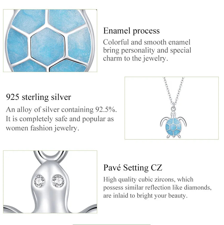 925 Sterling Silver Sky Blue Enamel Turtle Pendant Necklace Cute Animal Adjustable Necklace for Women Fine Jewelry SCN446
