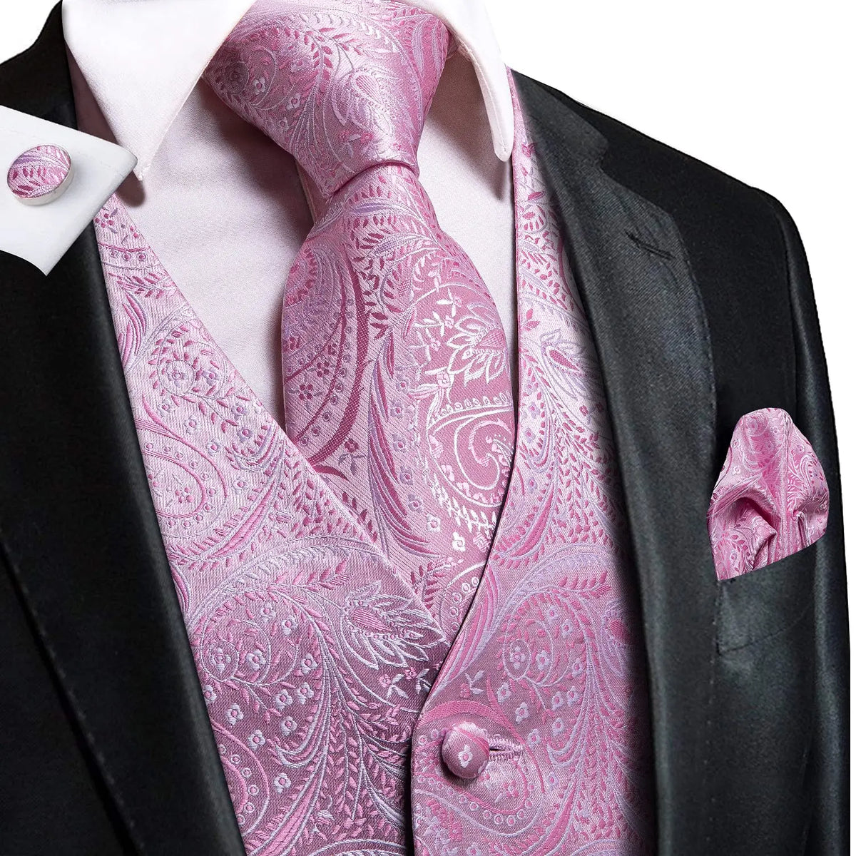 Luxury Mens Vests Black Gold Floral Jacquard Waistcoat Tie Hanky Cufflinks Brooch Set for Men Suit Wedding Office XL