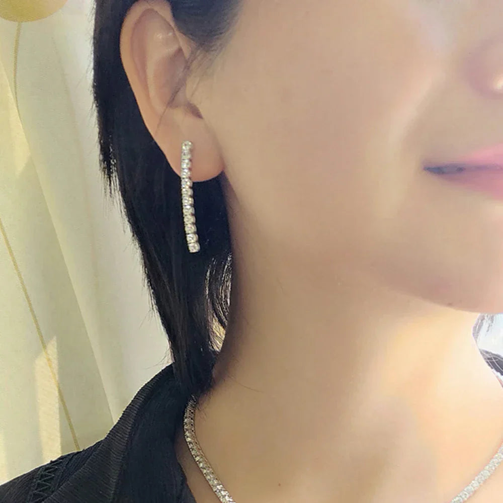 Real Sterling Silver 3mm Round Cubic Zirconia 38mm Height Dangle Design Solid 925 Metal Jewelry Tennis Earrings