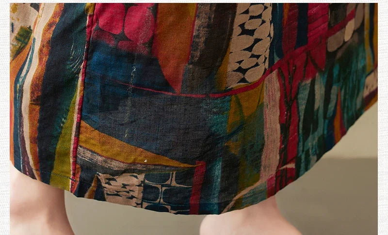 Short Sleeve Cotton Linen Vintage Print Summer Long Dresses For Women 2026 Casual Loose Holiday Ladies Dress Elegant Clothes