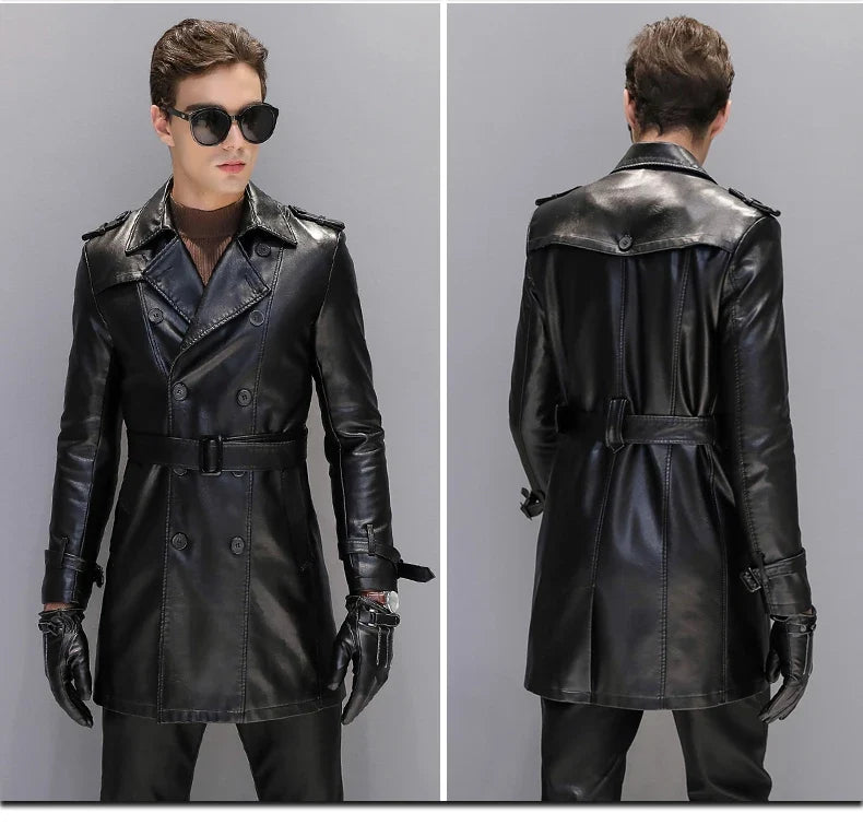Autumn Black Faux Leather Trench Coat Men Long Sleeve Belt Double Breasted Brown Plus Size Men Clothing 2022 4xl 5xl