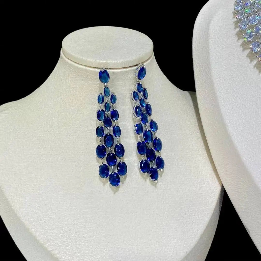 Luxury Blue 2 Piece Tassel Necklace Cubic Zircon Jewelry Set Women Wedding European Party Jewelry Set X0140