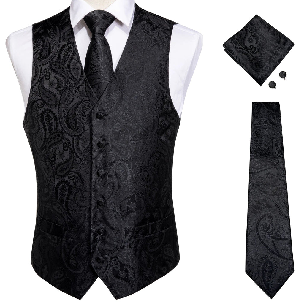 Classic Black Wedding Vest for Men Suit Vest Tie Ring Cufflinks Hanky Set for Party Formal Dress Business Casual Waistcoat