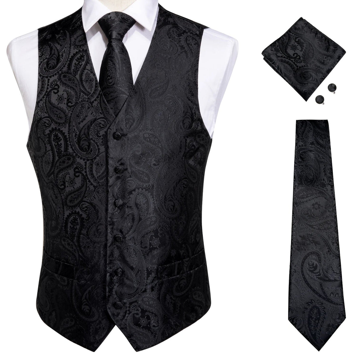 Classic Black Wedding Vest for Men Suit Vest Tie Ring Cufflinks Hanky Set for Party Formal Dress Business Casual Waistcoat