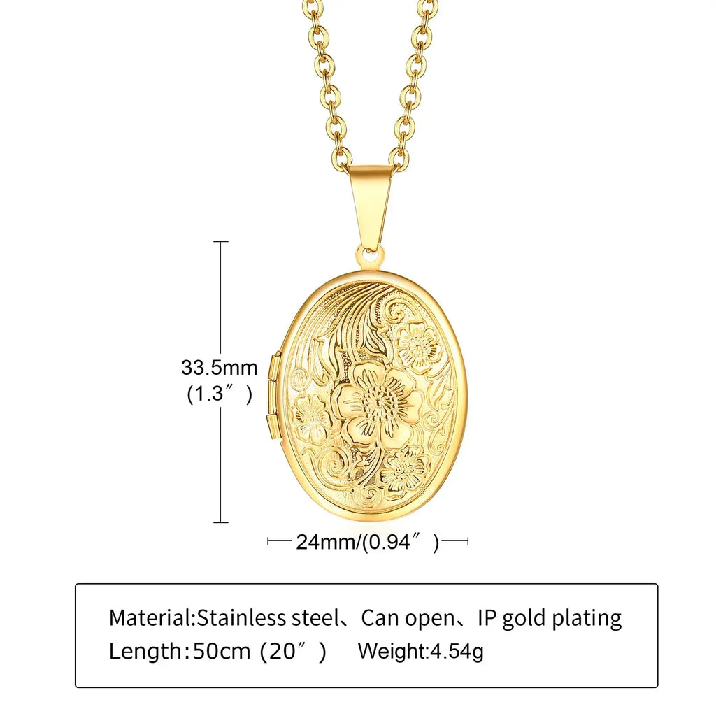 Delicate Floral Oval Heart Locket Pendant Necklaces for Women,Stainless Steel Photo Frame Promise Love Keepsake Gift