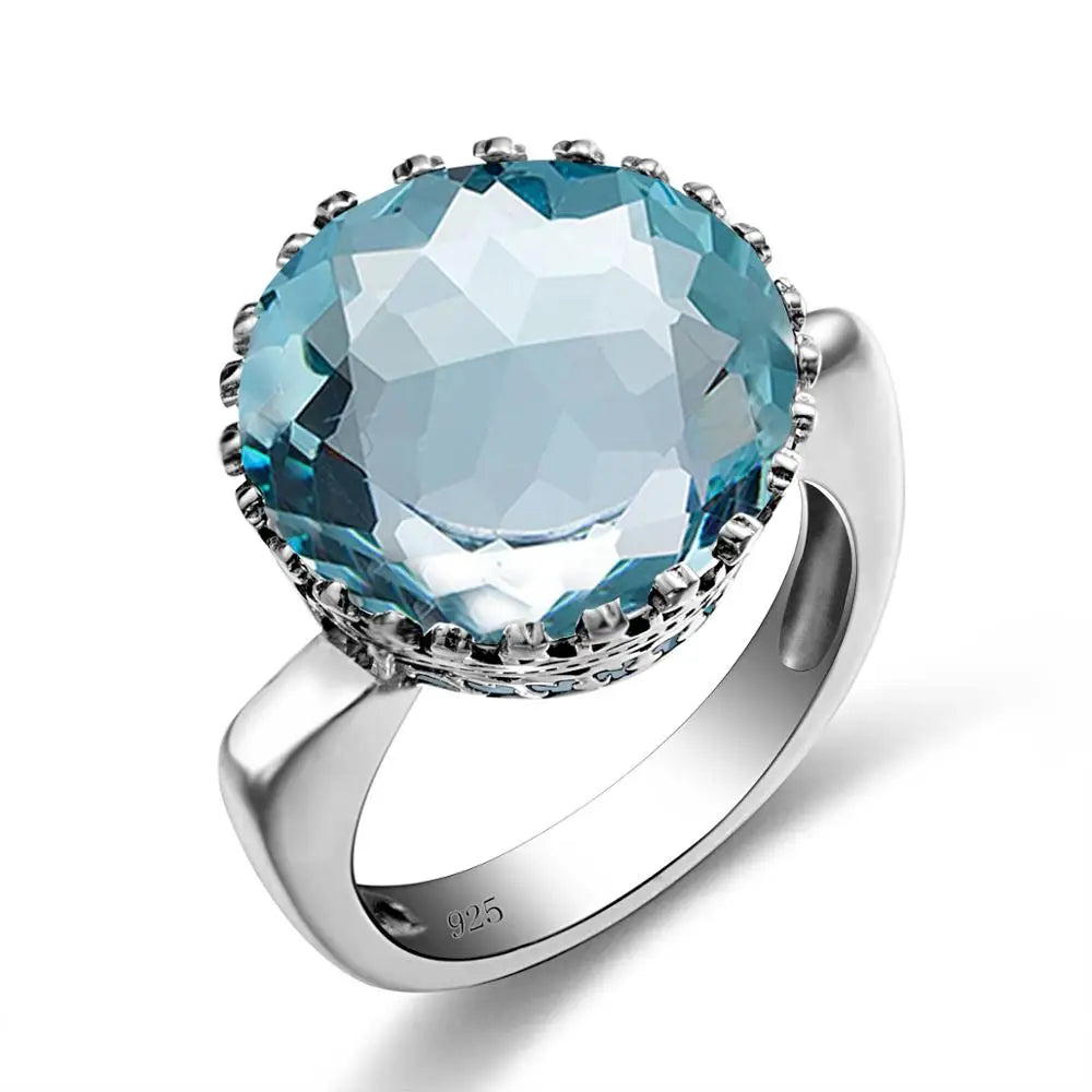 Vintage 100% 925 Sterling Silver 15ct Round Created Aquamarine Ring For Women Famous Branded Handmade Fine Jewelery 2024