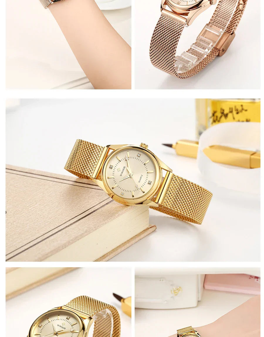 Luxury Brand Dress Gold Watch Ladies Elegant Diamond Small Quartz Wrist Watches For Women Steel Mesh Clock zegarek damski