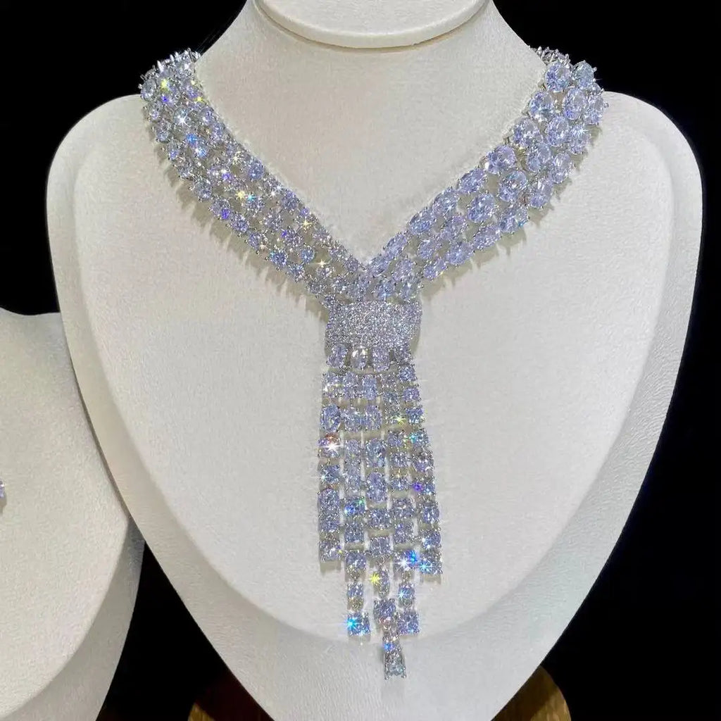 Luxury Blue 2 Piece Tassel Necklace Cubic Zircon Jewelry Set Women Wedding European Party Jewelry Set X0140