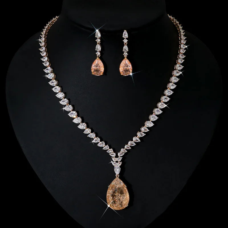 Luxury Shiny Water Drop Cubic Zirconia Necklace Earring Set for Women High Quality Fashion Party Wedding Jewelry N-1019