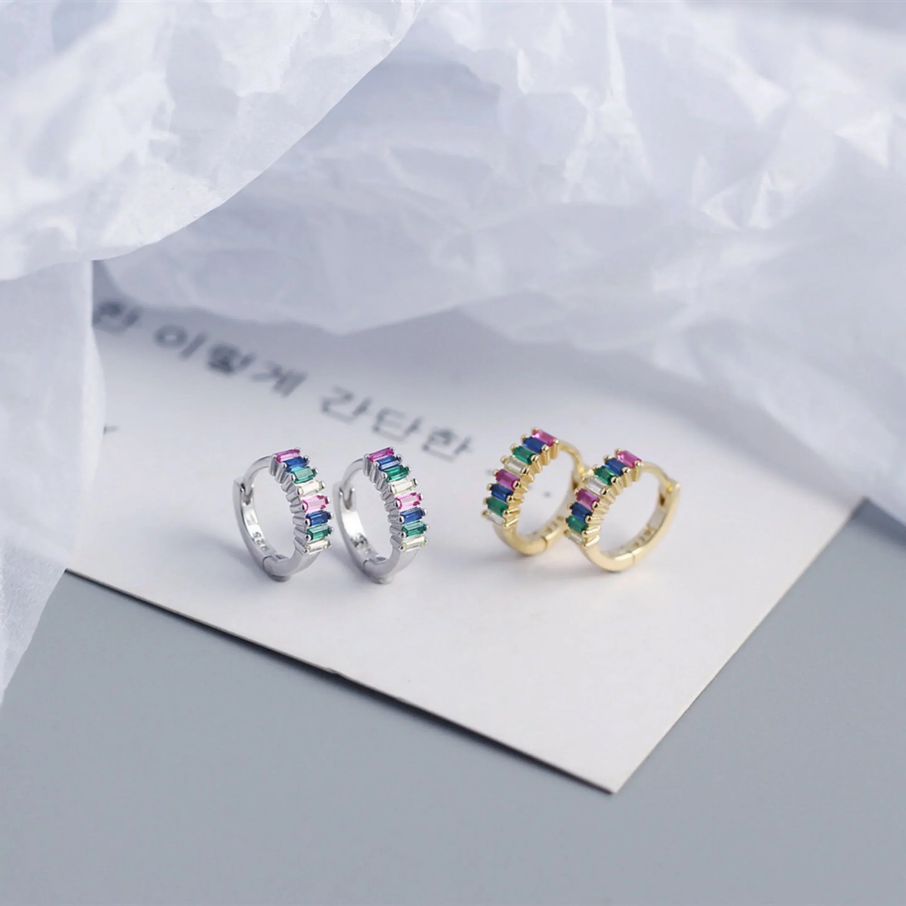 925 Sterling Silver Earring Fashion Rectangle Color Zircon Round Ear Ring Ear Bone Wild Trend Sweet Simple Women Girl Ear Jewelr