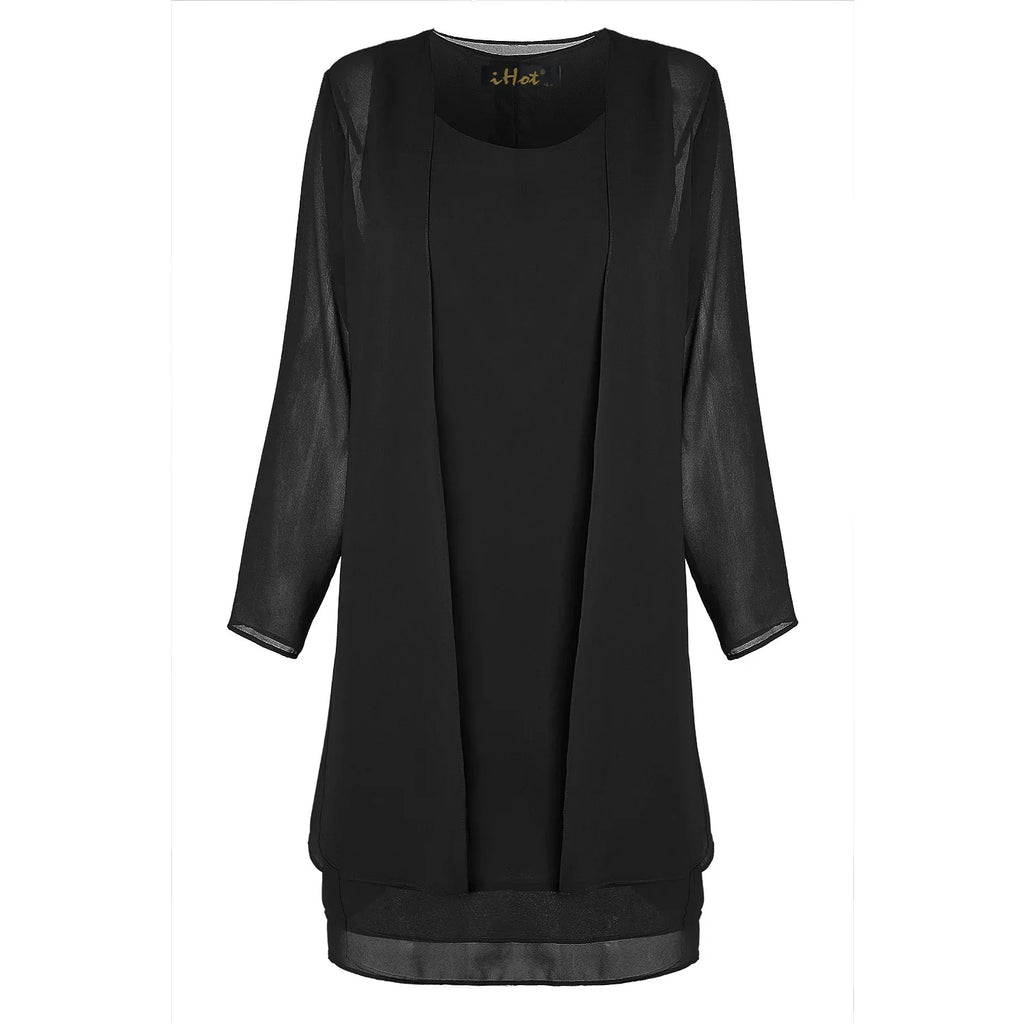 2 Pieces Chiffon Dress Set Women Casual Long Sleeve Solid Cardigan Dress Elegant Wedding Evening Party Dresses Clothing Vestidos