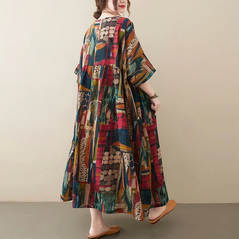 Short Sleeve Cotton Linen Vintage Print Summer Long Dresses For Women 2026 Casual Loose Holiday Ladies Dress Elegant Clothes
