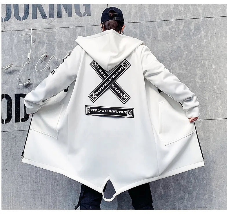 New Men Streetwear Black Jackets And Coats Hip Hop Harajuku Hooded Men's Windbreaker Overcoat Mens Clothing Outwear M-5XL